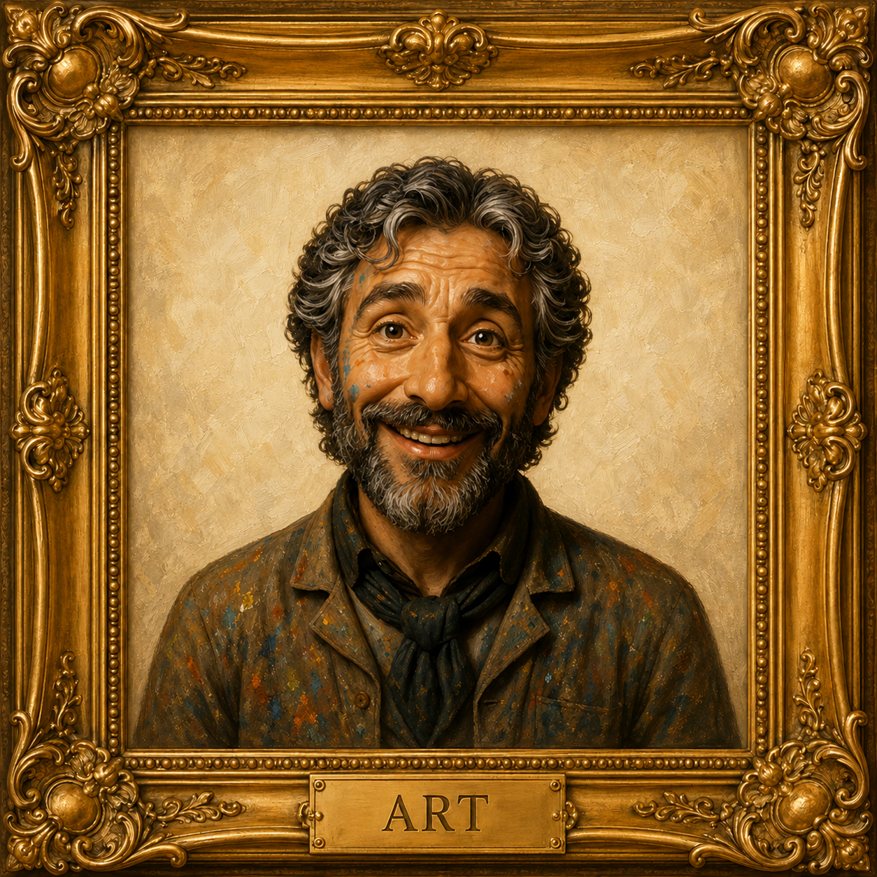 Art, your ArtToProduct guide, in an ornate antique-gold frame